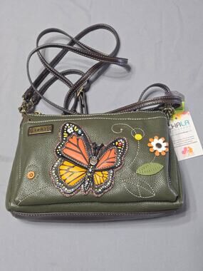 CHALA Deluxe Crossbody Bag Monarch Butterfly RFID Olive Vegan Leather